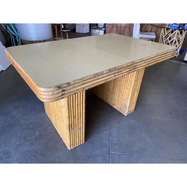 Restored Vintage Six-Person Rattan and Formica Dining Table With Vertically Stacked Base - 8