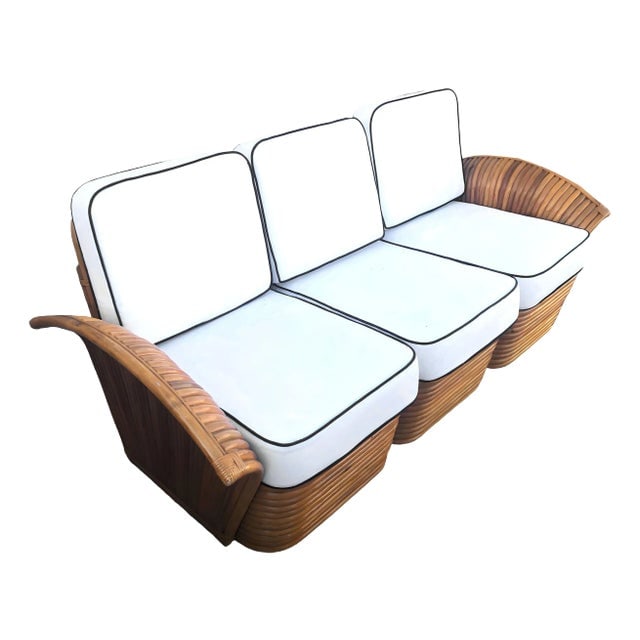 1930s Restored Art Deco Rattan "Fan Arm" Three-Seat Section Sofa With Stacked Base: Title: 1930s Restored Art Deco Rattan "Fan Arm" Three-Seat Section Sofa With Stacked Base Description: This beautifully restored Paul Frankl style 3-Seater Rattan Sofa is a beautifully crafted piece f
