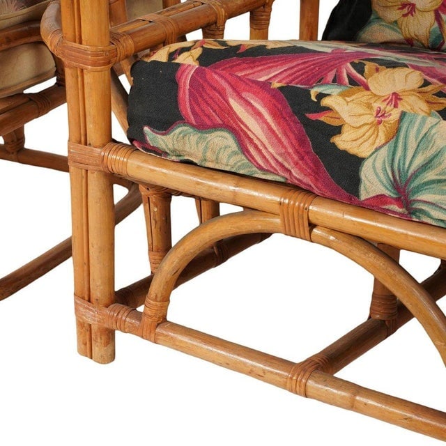 1950s Rare MCM Stepped Rattan Sofa Chair Ottoman Livingroom Set W/ Built in End Tables - 10