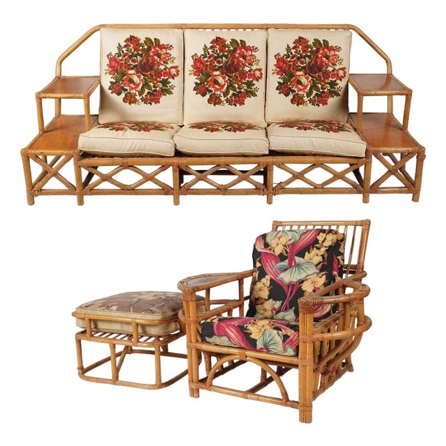 1950s Rare MCM Stepped Rattan Sofa Chair Ottoman Livingroom Set W/ Built in End Tables: Title: 1950s Rare MCM Stepped Rattan Sofa Chair Ottoman Livingroom Set W/ Built in End Tables Description: This beautifully restored stepped mid-century rattan living room set featuring a lounge chair