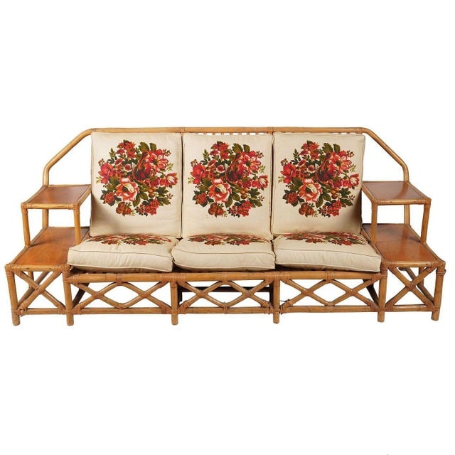 1950s Rare MCM Stepped Rattan Sofa Chair Ottoman Livingroom Set W/ Built in End Tables - 3