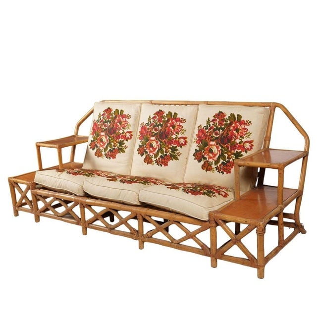 1950s Rare MCM Stepped Rattan Sofa Chair Ottoman Livingroom Set W/ Built in End Tables - 4