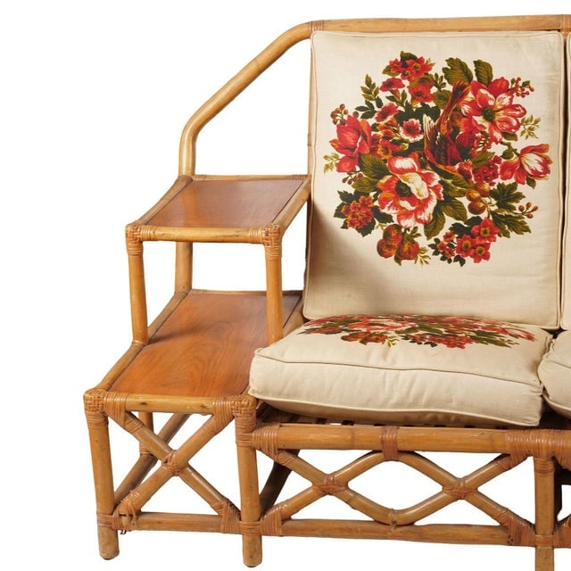 1950s Rare MCM Stepped Rattan Sofa Chair Ottoman Livingroom Set W/ Built in End Tables - 5