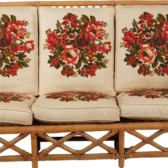 1950s Rare MCM Stepped Rattan Sofa Chair Ottoman Livingroom Set W/ Built in End Tables - 6