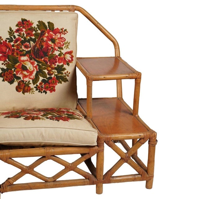 1950s Rare MCM Stepped Rattan Sofa Chair Ottoman Livingroom Set W/ Built in End Tables - 7