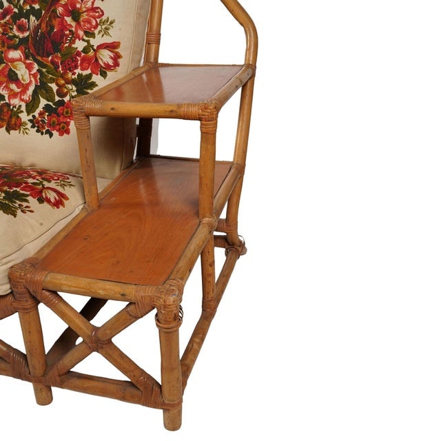 1950s Rare MCM Stepped Rattan Sofa Chair Ottoman Livingroom Set W/ Built in End Tables - 8