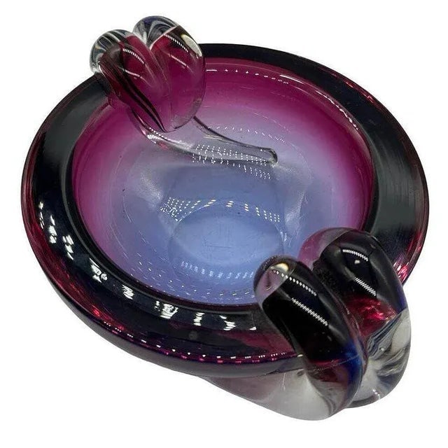 1960s Hand Blown Amethyst Tone Murano Style Weighted Cased Art Glass Ashtray - 2