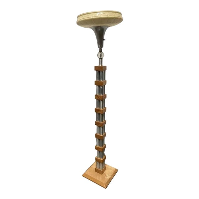 1950s Mid-Century Modern Chrome Blond Maple Stacked Torchiere Floor Lamp: Title: 1950s Mid-Century Modern Chrome Blond Maple Stacked Torchiere Floor Lamp Description: Unique Stacked Aluminum tube and hand-shaped Blond maple torchiere floor lamp with a crystal ball detail al