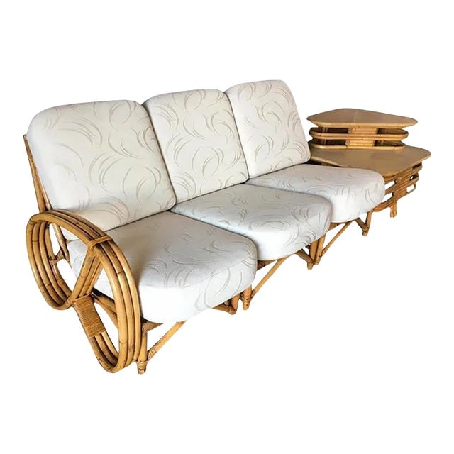 1950s Restored 3/4 Pretzel Rattan 3-Seat Sectional Sofa with 2-Tier Side Table: Title: 1950s Restored 3/4 Pretzel Rattan 3-Seat Sectional Sofa with 2-Tier Side Table Description: This rare find is a 3-strand 3/4 pretzel arm rattan 3-seat sectional sofa paired with a spacious 2-ti