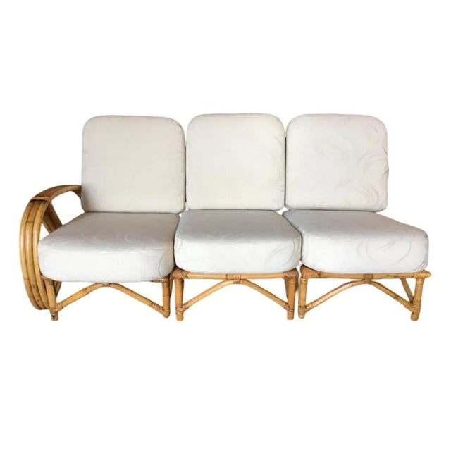 1950s Restored 3/4 Pretzel Rattan 3-Seat Sectional Sofa with 2-Tier Side Table - 5