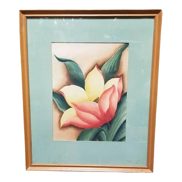 Framed Airbrush on Paper Hibiscus Tropical Floral by Jane Boyd, 1948: Title: Framed Airbrush on Paper Hibiscus Tropical Floral by Jane Boyd, 1948 Description: Transform your space with the timeless elegance of 1948 Airbrush Hibiscus Tropical Floral on paper by Jane