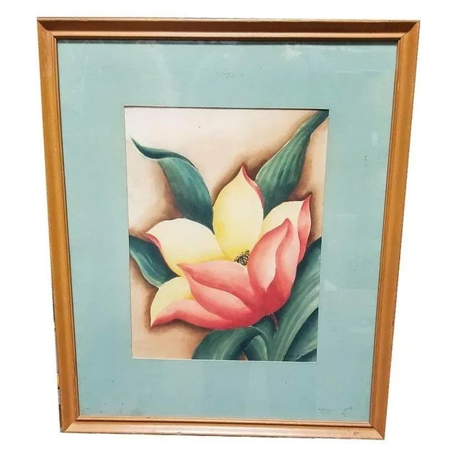 Framed Airbrush on Paper Hibiscus Tropical Floral by Jane Boyd, 1948 - 2