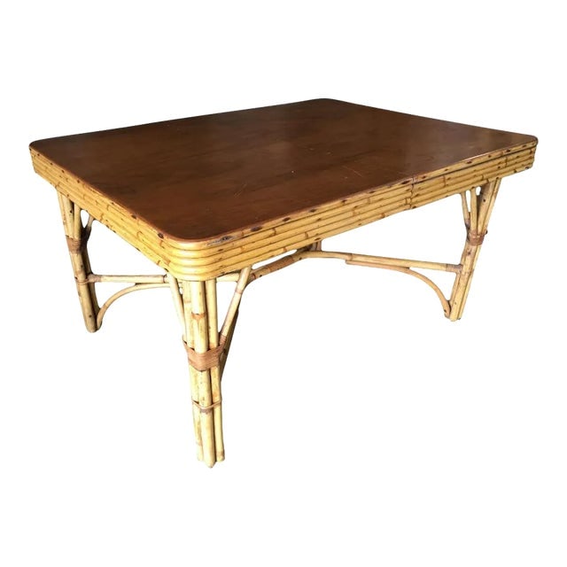 1950s Restored Six Person Rattan Dining Table W/ Stacked Mahogany Top (1 of 7)