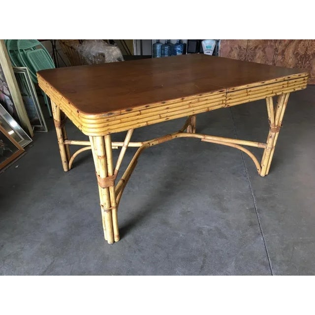 1950s Restored Six Person Rattan Dining Table W/ Stacked Mahogany Top - 2