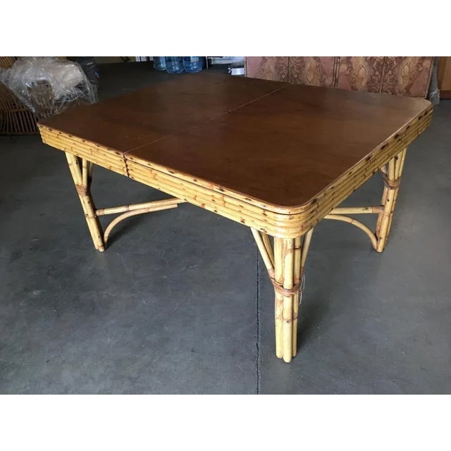 1950s Restored Six Person Rattan Dining Table W/ Stacked Mahogany Top - 3