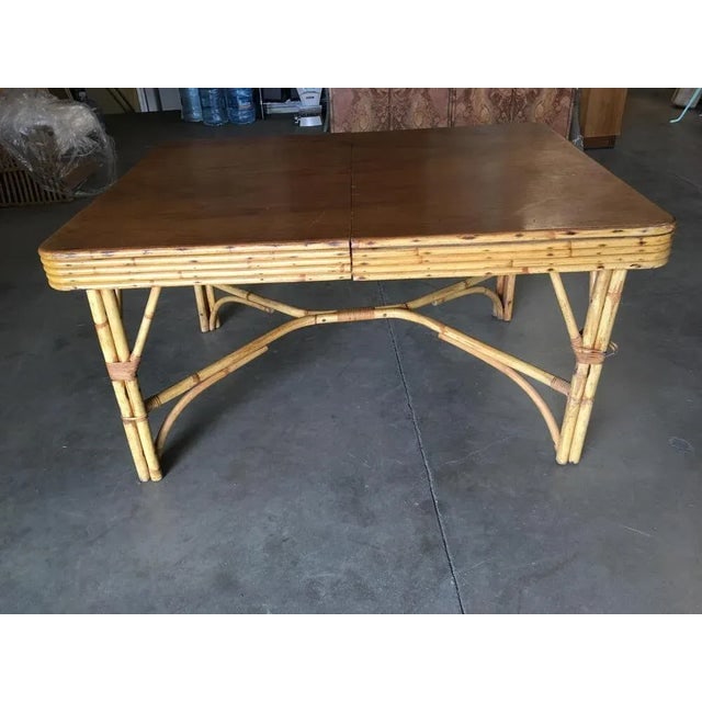 1950s Restored Six Person Rattan Dining Table W/ Stacked Mahogany Top - 6