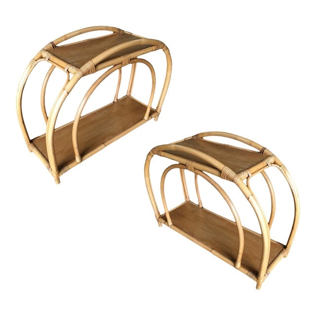 1950s Restored "Double Arch" Rattan Side Table Pair with Two-Tier Mahogany Tops (1 of 8)