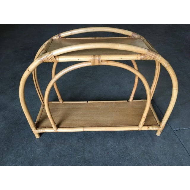 1950s Restored "Double Arch" Rattan Side Table Pair with Two-Tier Mahogany Tops - 3