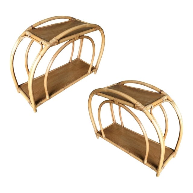 1950s Restored "Double Arch" Rattan Side Table Pair with Two-Tier Mahogany Tops - 8