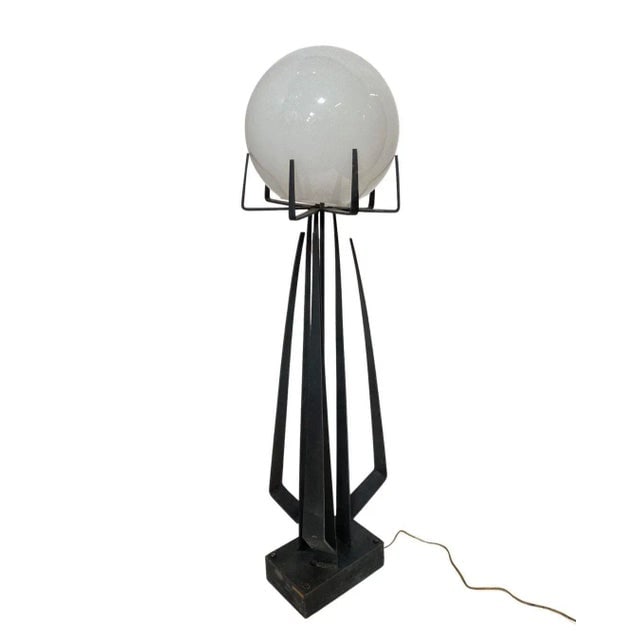 1960s Brutalist Wrought Iron Sculptural Floor Lamp With Glass Shade by Jean Maylon - 3