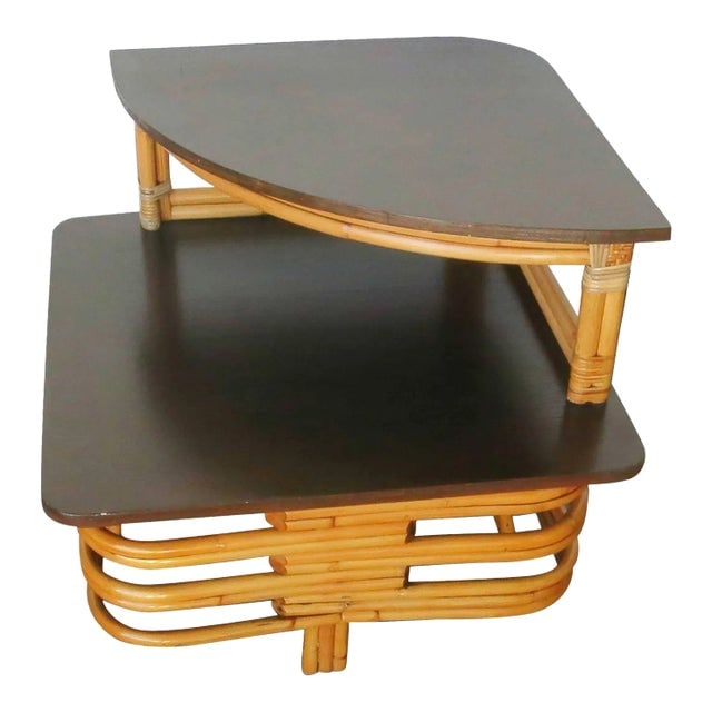 1950s Restored Stacked Rattan & Mahogany Corner Side Side Table: Title: 1950s Restored Stacked Rattan & Mahogany Corner Side Side Table Description: Vintage stacked cut-out rattan two-tier corner side table with a mahogany top. 1950, United States We only purchase 