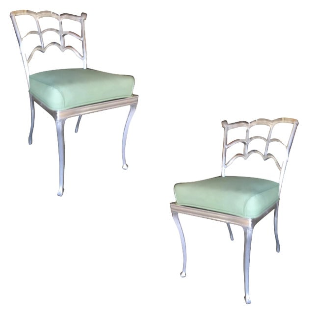 Art Deco Silver Tone Casted Aluminum Spiderweb Side Chair, Pair: Title: Art Deco Silver Tone Casted Aluminum Spiderweb Side Chair, Pair Description: Pair of casted Aluminum art deco dining side chair with a spiderweb back Reserve: $648.00 Shipping: Domestic: Shippi