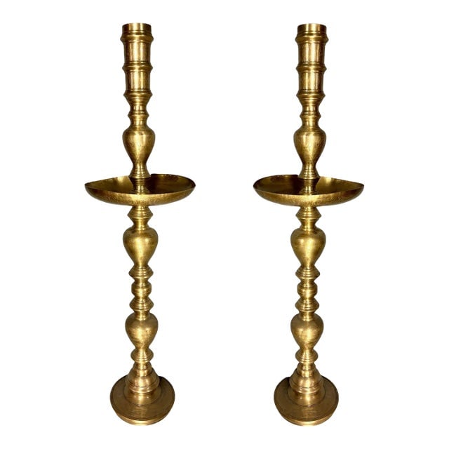 1940s Hand Etched Brass Moroccan Floor Candle Holders, Pair (1 of 8)