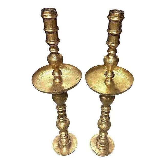 1940s Hand Etched Brass Moroccan Floor Candle Holders, Pair - 2