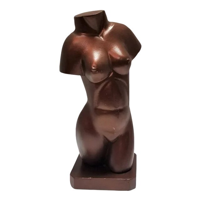 Mid Century Female Figure Bust Wood Carving in Bronze Finish: Title: Mid Century Female Figure Bust Wood Carving in Bronze Finish Description: Wooden Statue of Nude Female Bust in Bronze Finish A vintage wooden sculpture of a female nude bust painted bronze