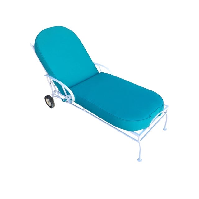 Steel Scrolling Reclining Outdoor / Patio Chaise Lounge by Woodard: Title: Steel Scrolling Reclining Outdoor / Patio Chaise Lounge by Woodard Description: White steel outdoor / patio chaise lounge, produced in 1960 by the Woodard Furniture Company. This comfortable an