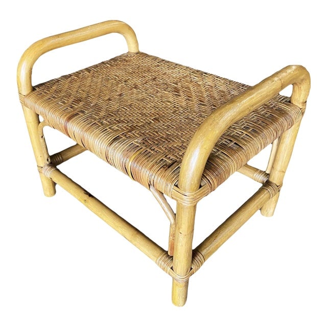 Restored Rattan Staple Stool With Woven Wicker Seat: Title: Restored Rattan Staple Stool With Woven Wicker Seat Description: Restored 1950s rattan vanity stool with wicker seat featuring a "staple" rattan base. 1950, United States Reserve: $270.00 Shipp