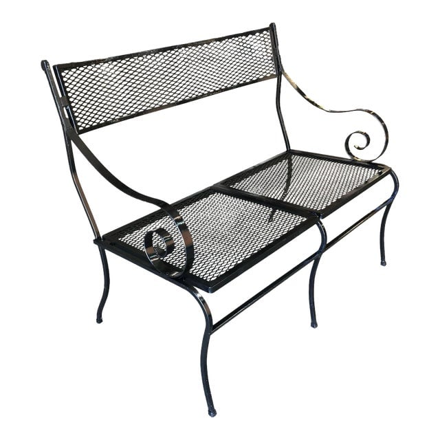 1950s Woodard Wrought Iron Mesh Loveseat Bench: Title: 1950s Woodard Wrought Iron Mesh Loveseat Bench Description: Mesh wrought iron outdoor garden loveseat bench with scrolling arms by the Woodard Company. Unsigned United States, 1950 Reserve: