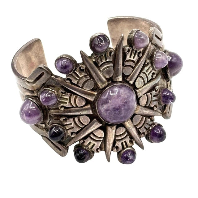 1940's Taxco William Spratling Silver With Amethyst Sun Motif Cuff Bracelet - 10