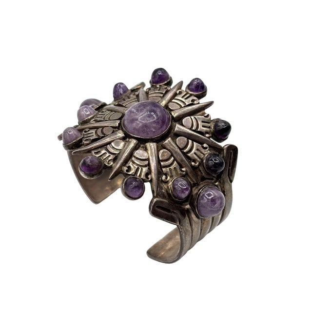 1940's Taxco William Spratling Silver With Amethyst Sun Motif Cuff Bracelet - 13