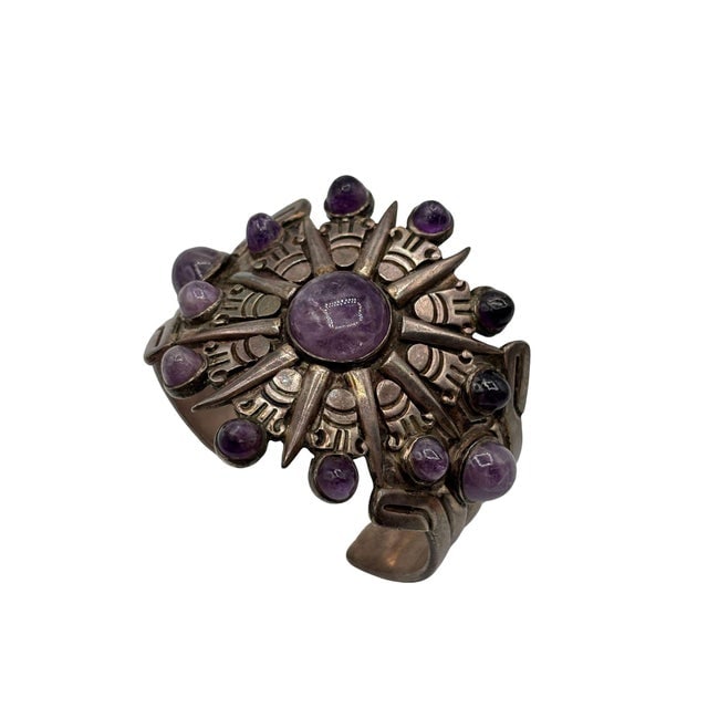 1940's Taxco William Spratling Silver With Amethyst Sun Motif Cuff Bracelet - 14
