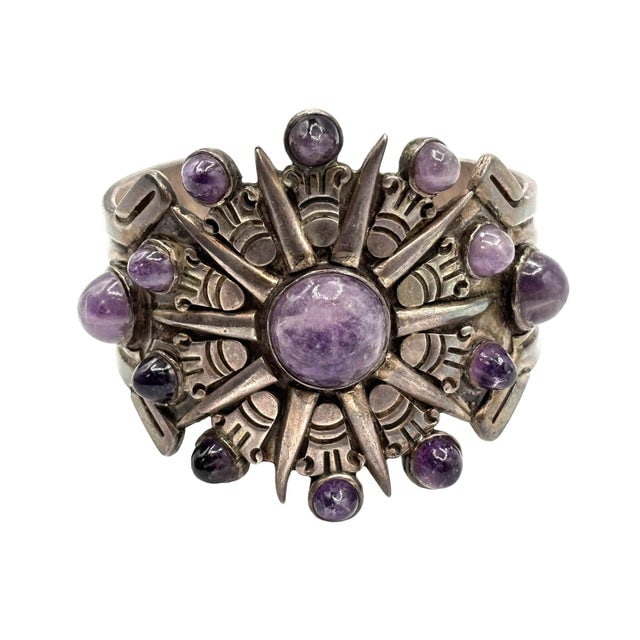 1940's Taxco William Spratling Silver With Amethyst Sun Motif Cuff Bracelet - 2