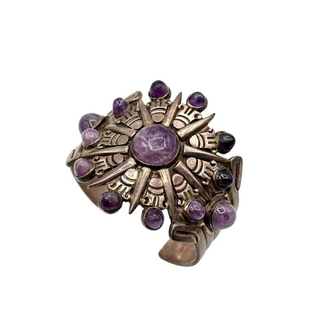 1940's Taxco William Spratling Silver With Amethyst Sun Motif Cuff Bracelet - 3