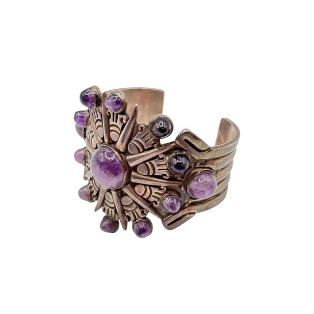 1940's Taxco William Spratling Silver With Amethyst Sun Motif Cuff Bracelet - 4