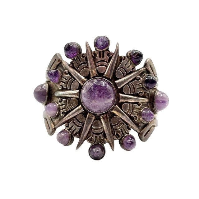 1940's Taxco William Spratling Silver With Amethyst Sun Motif Cuff Bracelet - 5