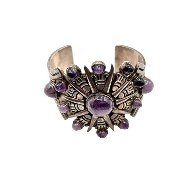 1940's Taxco William Spratling Silver With Amethyst Sun Motif Cuff Bracelet - 6