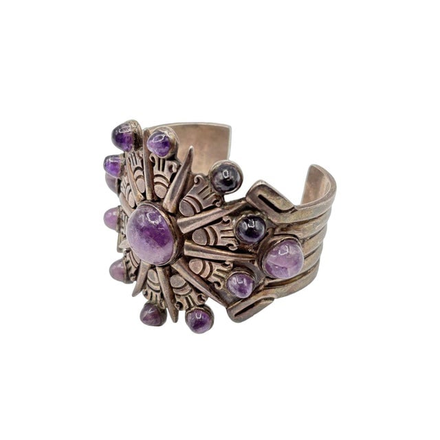 1940's Taxco William Spratling Silver With Amethyst Sun Motif Cuff Bracelet - 7