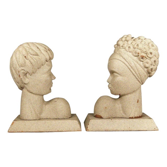 Mid-Century Hand Carved Modern Hawaiian Male and Female Bookends- a Pair: Title: Mid-Century Hand Carved Modern Hawaiian Male and Female Bookends- a Pair Description: This pair of 1950s tiki Mid-Century Modern large bookends feature skillfully wood-carved male and female bu