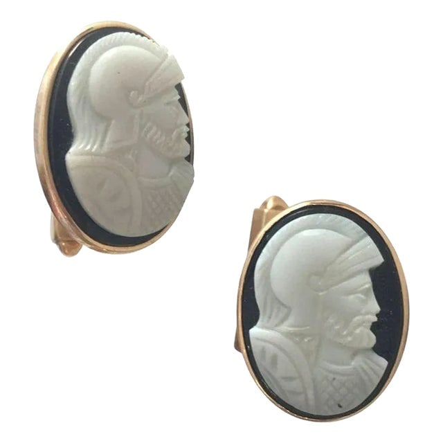 1950s Hand Carved Shell "Knight" Cameo Cufflinks in 14-Karat Gold With Bullet Back Clasp - Set of 2: Title: 1950s Hand Carved Shell "Knight" Cameo Cufflinks in 14-Karat Gold With Bullet Back Clasp - Set of 2 Description: Vintage 1950s cameo "Knight" cuff links, full marked "14K" featuring a 14-karat 