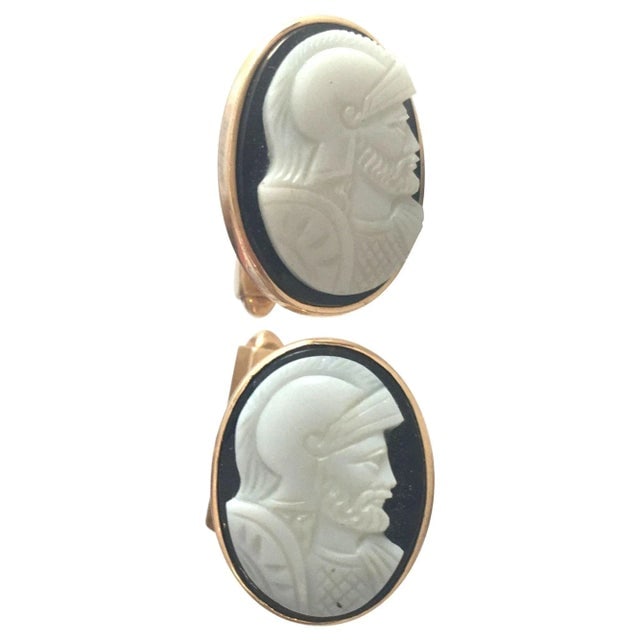 1950s Hand Carved Shell "Knight" Cameo Cufflinks in 14-Karat Gold With Bullet Back Clasp - Set of 2 - 3