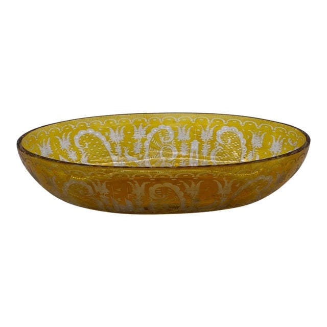 Circa 1900 Bohemian Amber-Flashed Glass Flared Form Bowl: Title: Circa 1900 Bohemian Amber-Flashed Glass Flared Form Bowl Description: A Bohemian amber-flashed glass bowl of flared form, having acid-etched yellow overlay decoration, depicting capercaillie or
