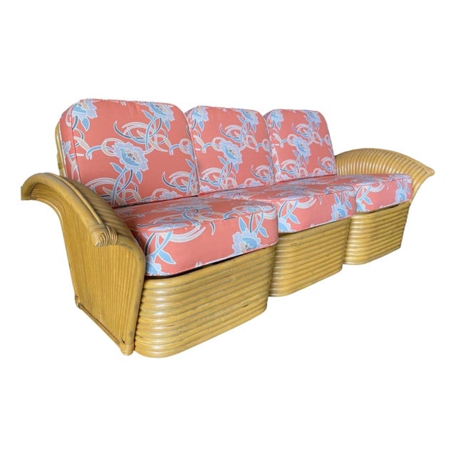 Restored 1980s "Golden Girls" Art Deco Rattan "Fan Arm" Three-Seat Sofa (1 of 10)