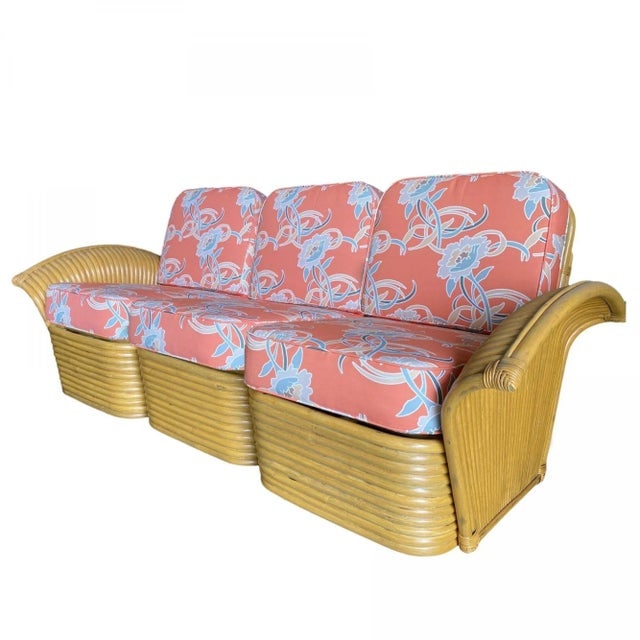 Restored 1980s "Golden Girls" Art Deco Rattan "Fan Arm" Three-Seat Sofa - 2