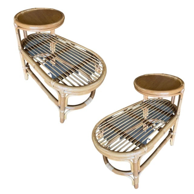Restored Single Strand Rattan Side Table W/ Grill Top, Pair - 10