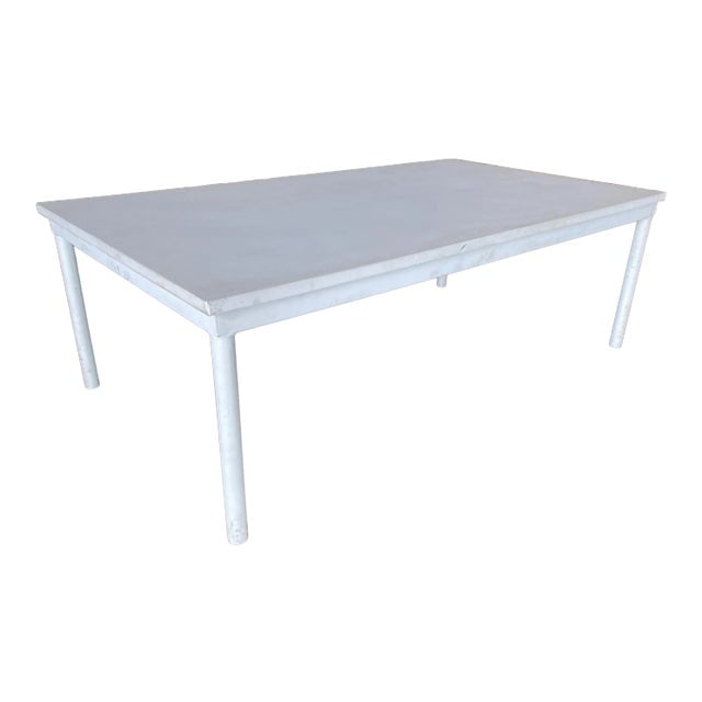1970s Modernist White Steel Coffee Table: Title: 1970s Modernist White Steel Coffee Table Description: Large custom made Modernist mod coffee table featuring a large MDF top and welded tubular steel frame. Reserve: $662.40 Shipping: