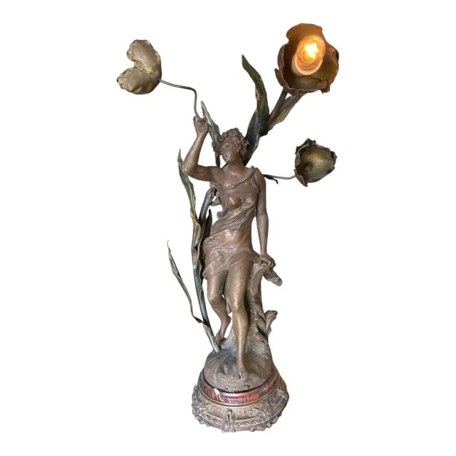 1910s Ernest-Justin Ferrand Female "Coup De Soleil" Zamac Sculpture Table Lamp: Title: 1910s Ernest-Justin Ferrand Female "Coup De Soleil" Zamac Sculpture Table Lamp Description: A Bronze alloy Art Nouveau woman entitled "Coup de soleil" table lamp, Signed Ferrand (1846-1932). Th
